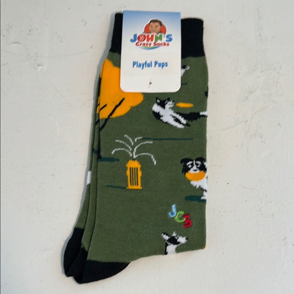 John's Crazy Socks Playful Pups Green Socks Men’s NEW